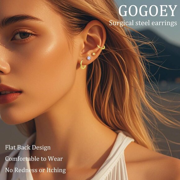 10-Pairs Small Hypoallergenic Surgical Steel Hoop and CZ Stud Earrings Set for S - Picture 2 of 6